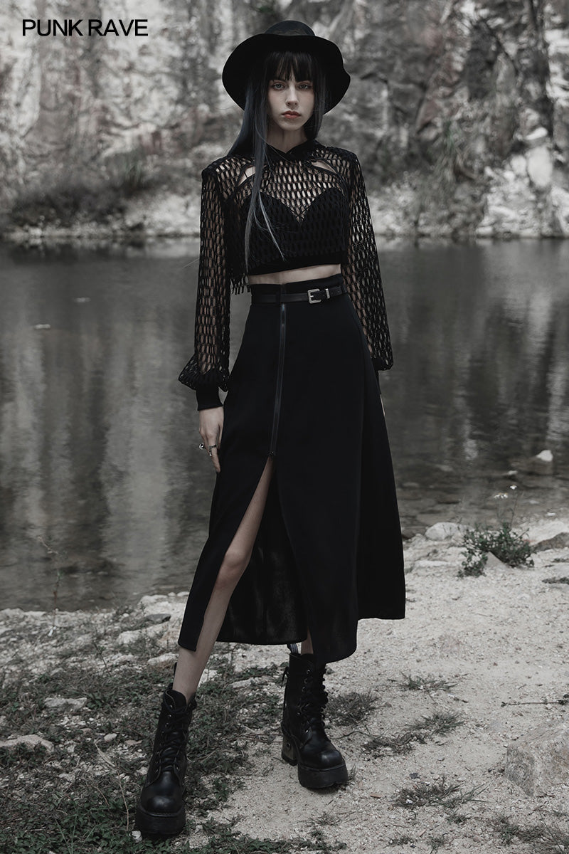 Elegant Punk Rave Brianna black midi skirt showcasing adjustable side split for a chic look, perfect for versatile outfits.