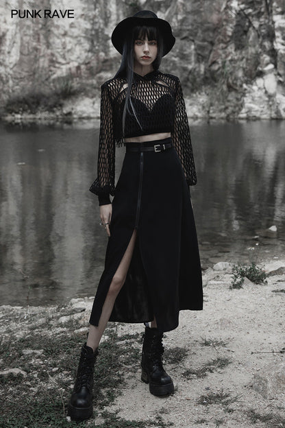 Elegant Punk Rave Brianna black midi skirt showcasing adjustable side split for a chic look, perfect for versatile outfits.