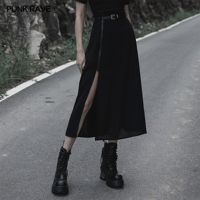 Elegant Punk Rave Brianna Black Midi Skirt featuring adjustable split detailing for a customisable leg reveal, available in plus sizes.