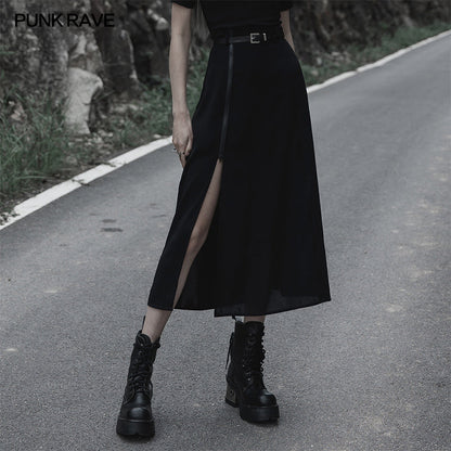 Elegant Punk Rave Brianna Black Midi Skirt featuring adjustable split detailing for a customisable leg reveal, available in plus sizes.