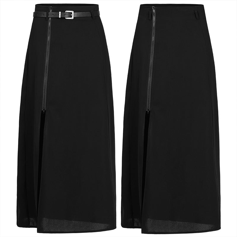 Chic close-up of the Punk Rave Brianna Black Midi Skirt with detachable belt, crafted from soft flowing fabric for a luxurious fit.
