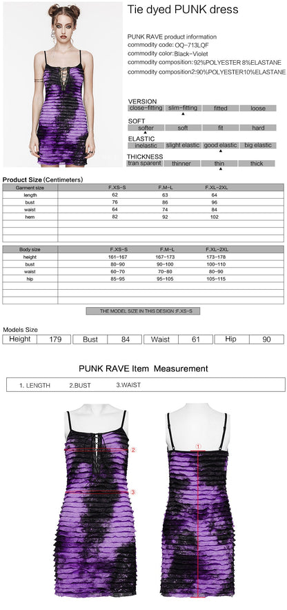 Close-up of the unique ribbed effect on the luxury Punk Rave Beatrix dress with a vibrant purple tie dye pattern, designed for the modern punk aesthetic.