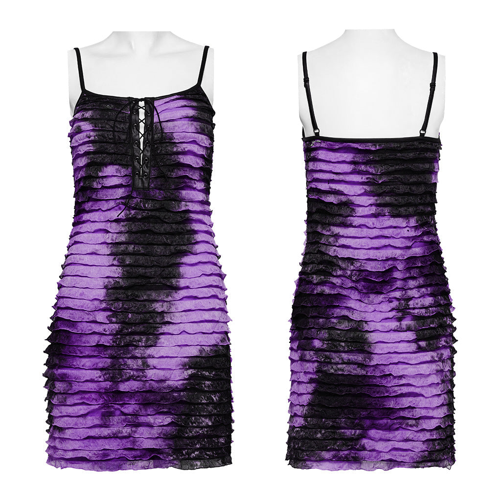 Model showcasing the luxury Punk Rave Beatrix dress in purple tie dye with lace-up bust and spaghetti straps, embodying a chic yet edgy fashion style.