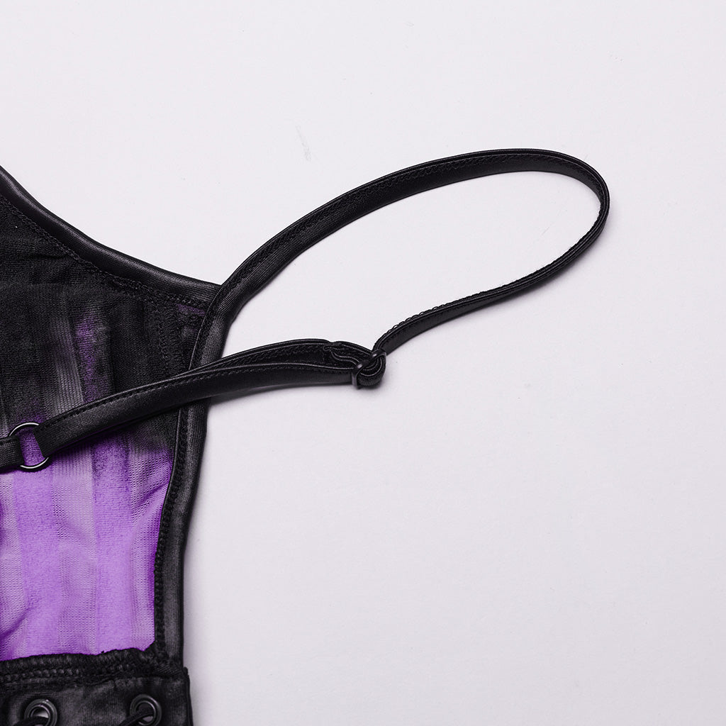 Fashionable portrayal of the luxury Punk Rave purple tie dye dress, emphasizing its versatile appeal for unique occasions and modern gothic trends.