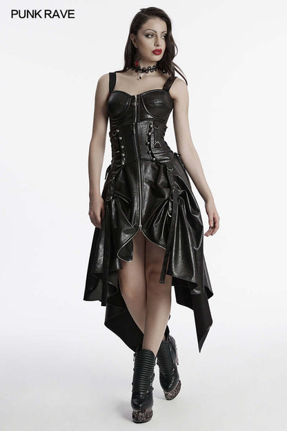 Elegant Punk Rave Myra faux leather skirt featuring a unique wrinkled texture and irregular hem design, perfect for a stylish and edgy look.