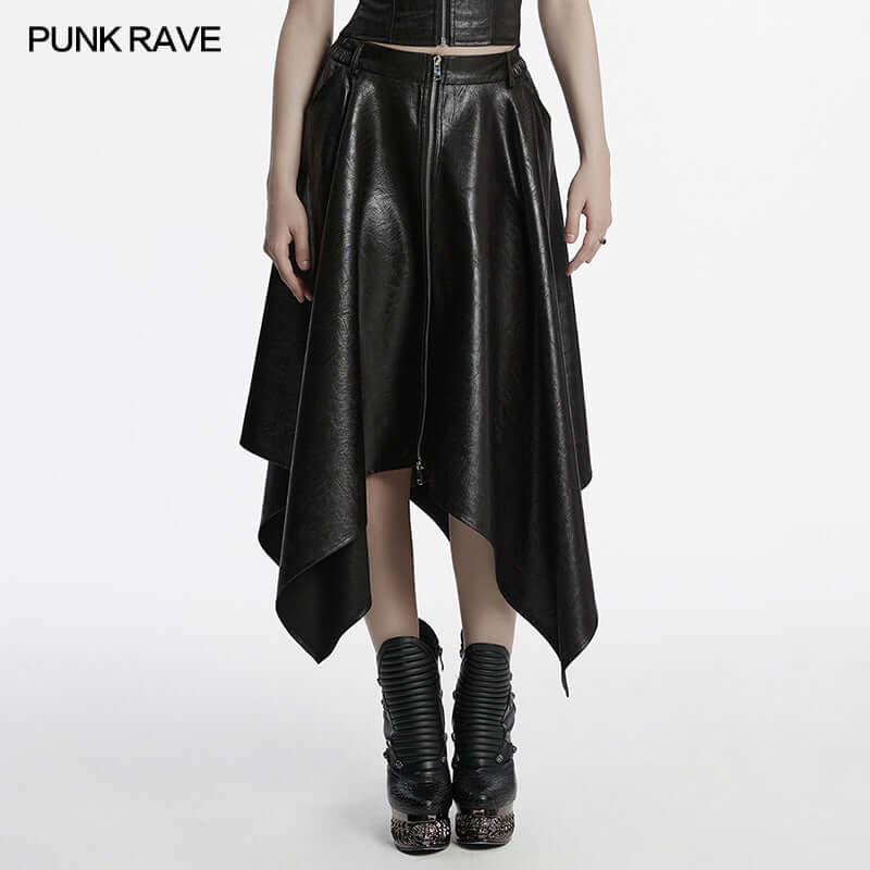 Elegantly styled Punk Rave Myra wrinkled faux leather skirt featuring an irregular hem, front zipper, and a unique texture that adds a luxurious touch to any outfit.