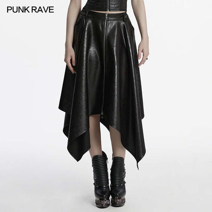 Elegantly styled Punk Rave Myra wrinkled faux leather skirt featuring an irregular hem, front zipper, and a unique texture that adds a luxurious touch to any outfit.