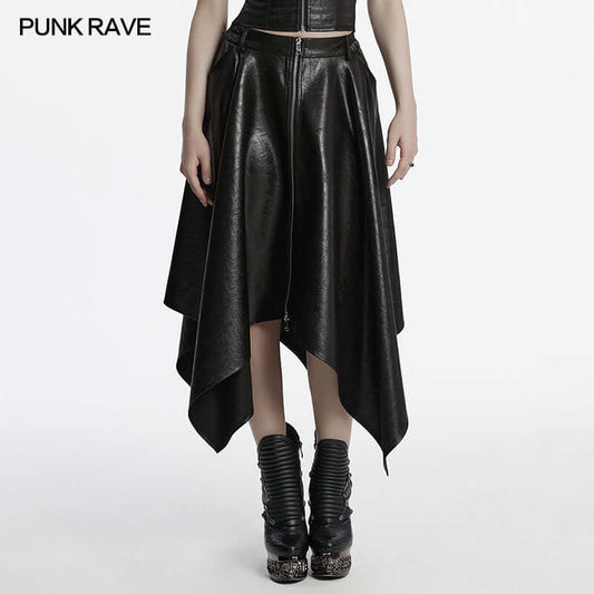Elegantly styled Punk Rave Myra wrinkled faux leather skirt featuring an irregular hem, front zipper, and a unique texture that adds a luxurious touch to any outfit.
