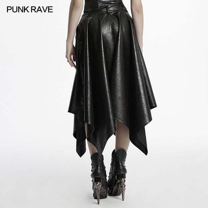 Punk Rave Myra wrinkled faux leather skirt showcasing its unique texture and luxurious design with an irregular hem and front zipper.