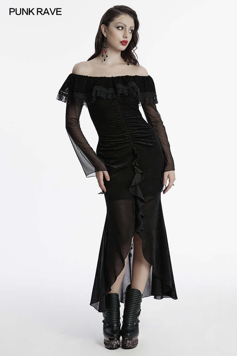Punk Rave Aurelia Elegant Goth Mesh Dress showcasing ruffled edges and fishtail hem, crafted with breathable elastic velvet and spandex for a luxurious fit.