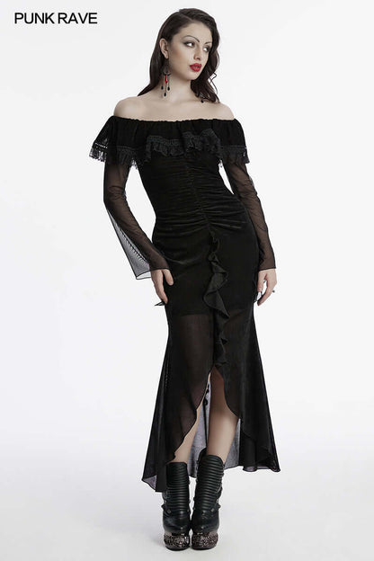 Punk Rave Aurelia Elegant Goth Mesh Dress showcasing ruffled edges and fishtail hem, crafted with breathable elastic velvet and spandex for a luxurious fit.