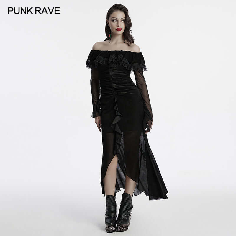 Punk Rave Aurelia Elegant Goth Mesh Dress showcasing ruffled edges and a fishtail hem, crafted from breathable elastic velvet for a luxurious look.