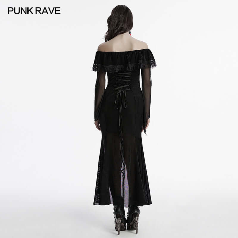 Elegant full view of the Punk Rave Aurelia Goth Mesh Dress, featuring a fishtail hem and feminine silhouette, perfect for gothic fashion enthusiasts.
