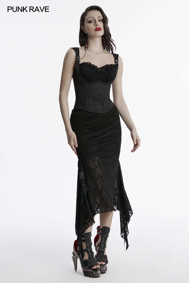 Elegant Punk Rave Arti Fishtail Skirt in black with textured mesh and modal fabric showcasing a stylish slit hem.