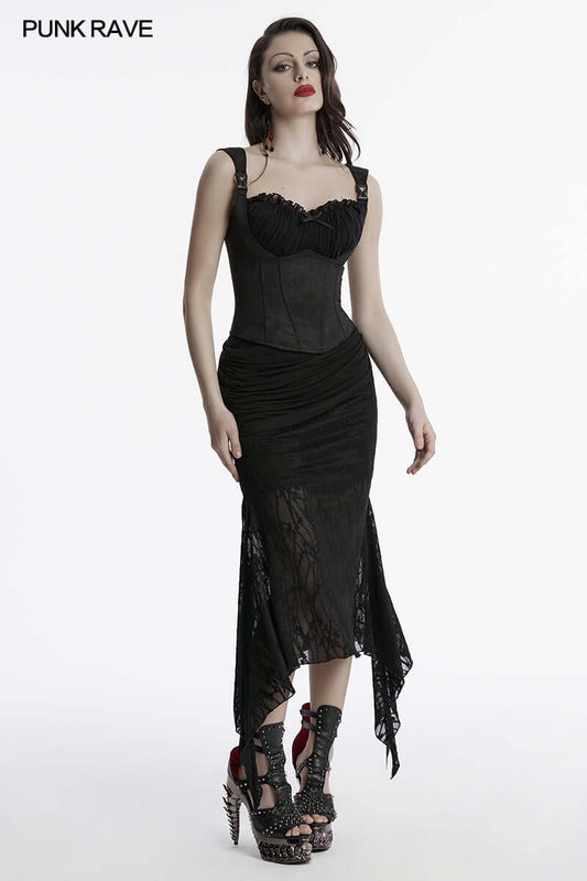 Elegant Punk Rave Arti Fishtail Skirt in black with textured mesh and modal fabric showcasing a stylish slit hem.