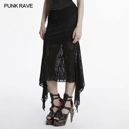 Model wearing the Punk Rave Arti Fishtail Skirt in black, accentuating its flattering silhouette and elegant fishtail design, perfect for any bold fashionista.