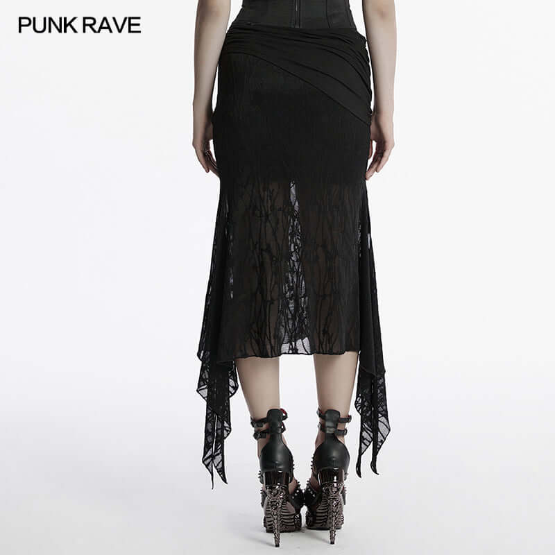 Back view of the Punk Rave Arti Fishtail Skirt displaying its sleek lines and luxurious fit, designed to enhance the body's natural curves with sophistication.
