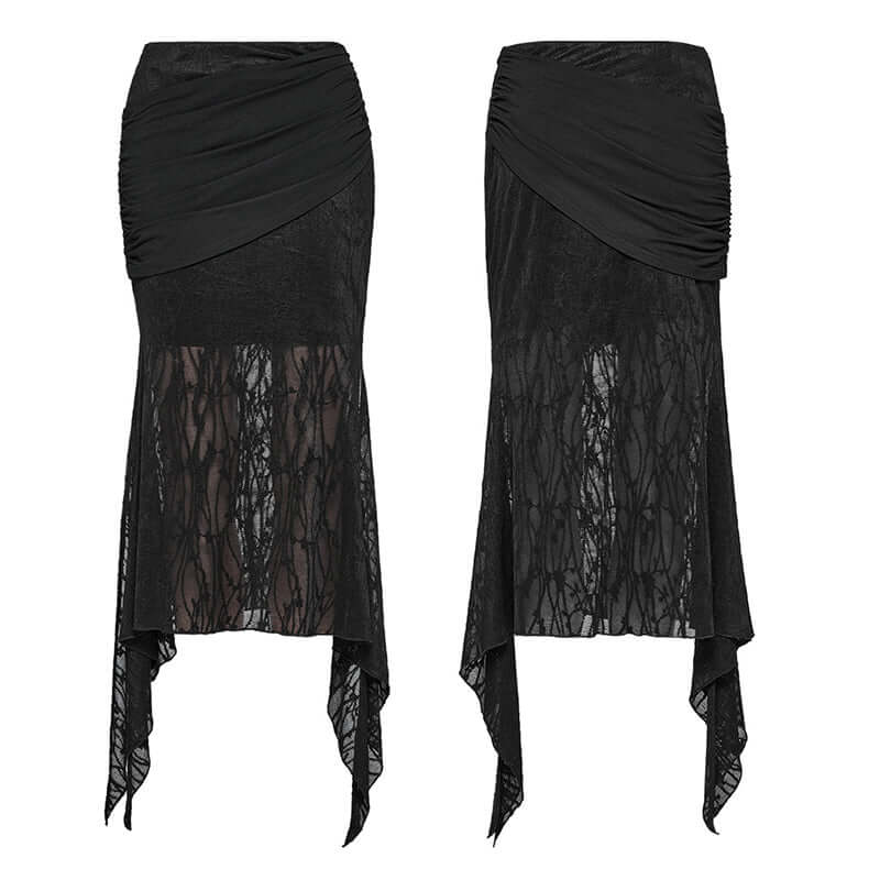 Elegant black Punk Rave Arti Fishtail Skirt showcasing a seductive slit hem and textured mesh fabric, perfect for adding a touch of punk rock luxury.