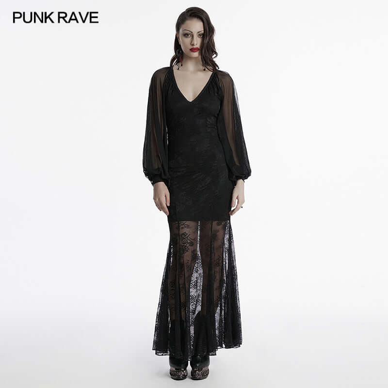 Punk Rave Calliope Goth Night Bat Dress showcasing the deep V-neck and elegant bat sleeves, perfect for a gothic look.