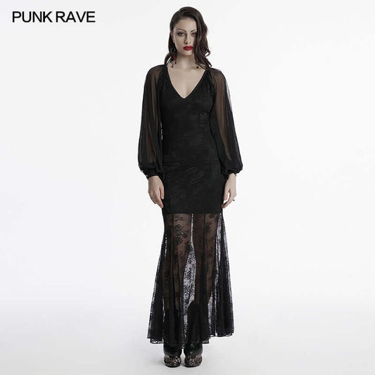 Punk Rave Calliope Goth Night Bat Dress showcasing the deep V-neck and elegant bat sleeves, perfect for a gothic look.