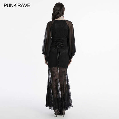 Elegant Punk Rave Calliope Goth Night Bat Dress showcasing deep V-neck and perspective bat sleeves, perfect for gothic style.