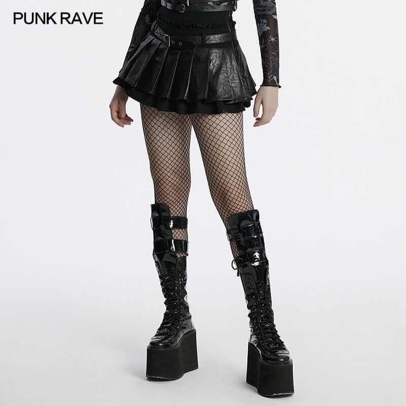 Punk Rave Jianna Pleated Skirt showcasing elegant ruffled lace details and faux leather design, perfect for edgy fashion enthusiasts.