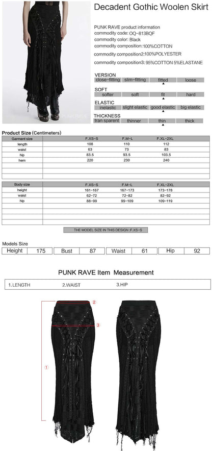 Side profile of the Punk Rave Anastasia skirt highlighting the unique distressed fabric and raw edged design, perfect for gothic enthusiasts.