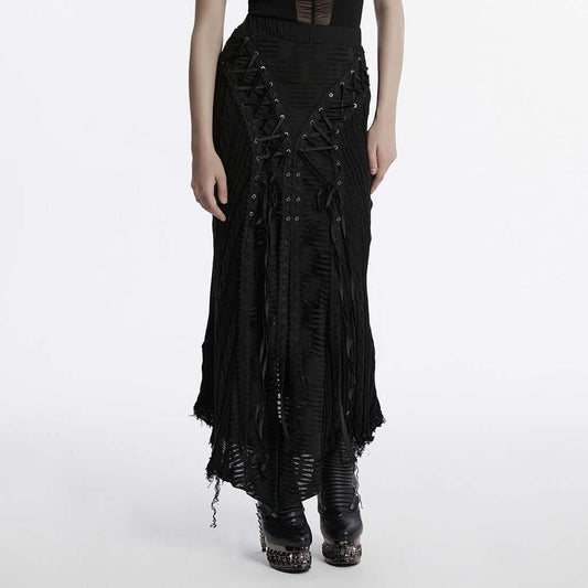 Elegant Punk Rave Anastasia Gothic Fishtail Skirt with luxurious lace-up ribbon details, embodying post-apocalyptic fashion style.