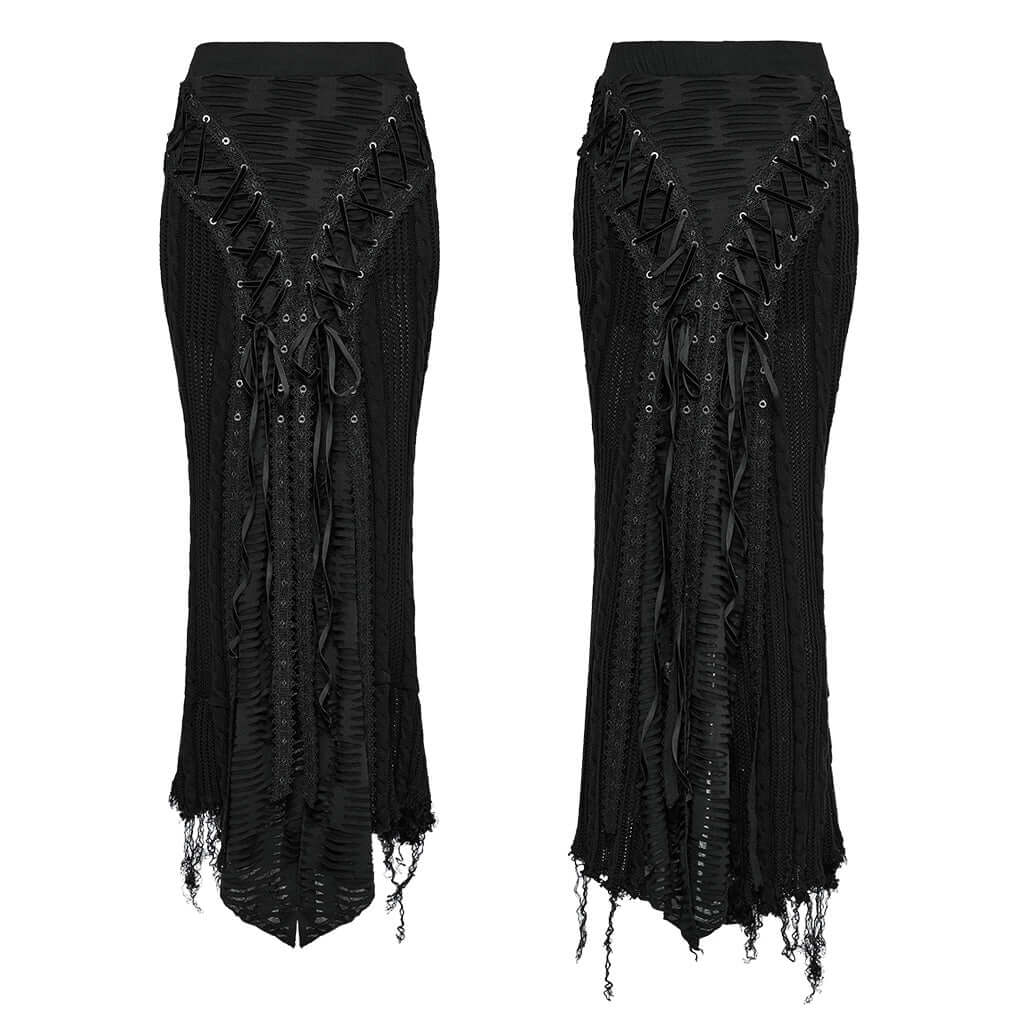 Punk Rave Anastasia Gothic Fishtail Skirt showcasing exquisite lace-up details and a stunning post-apocalyptic design, perfect for a gothic queen aesthetic.