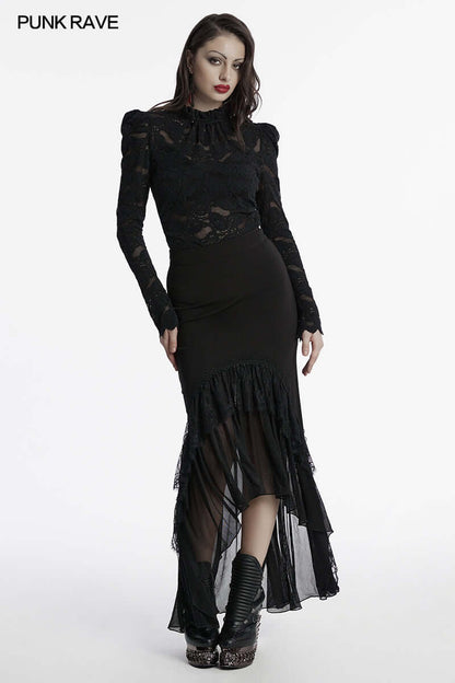 Elegant Punk Rave Blossom Skirt showcasing exquisite lace arch hem details on luxurious elastic knitted fabric, perfect for quirky fashionistas.