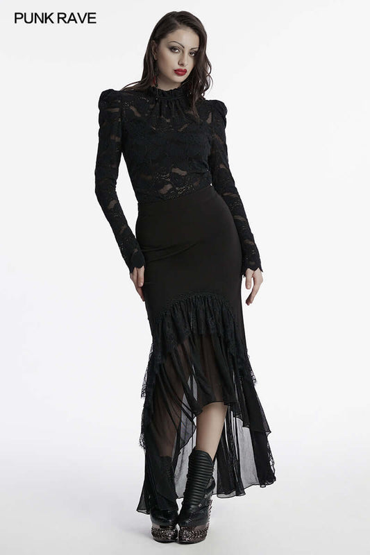 Elegant Punk Rave Blossom Skirt showcasing exquisite lace arch hem details on luxurious elastic knitted fabric, perfect for quirky fashionistas.