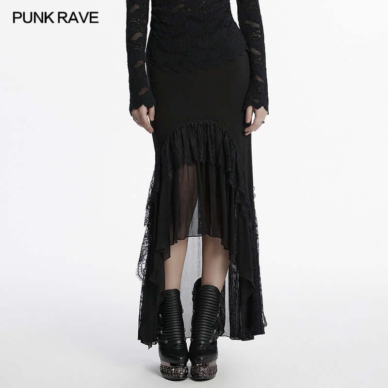 Chic asymmetrical Punk Rave Blossom Skirt with hidden side zipper, crafted from breathable chiffon blend for comfort and style in any setting.