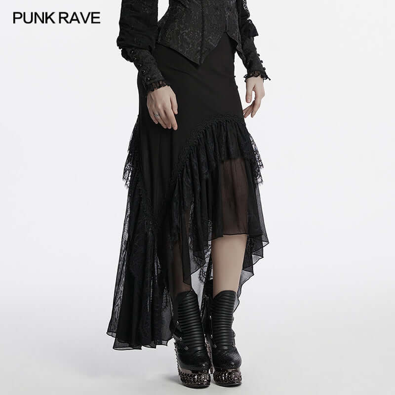 Elegant Punk Rave Blossom Knitted Asymmetrical Skirt showcasing exquisite lace arch hem for a chic and comfortable fashion statement.