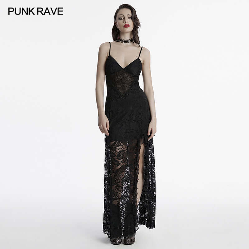 Model elegantly wearing the Punk Rave Aviva Black Lace Dress, demonstrating the stunning ruffled high slit and stylish silhouette, ideal for formal occasions.