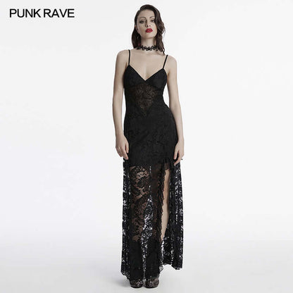 Model elegantly wearing the Punk Rave Aviva Black Lace Dress, demonstrating the stunning ruffled high slit and stylish silhouette, ideal for formal occasions.