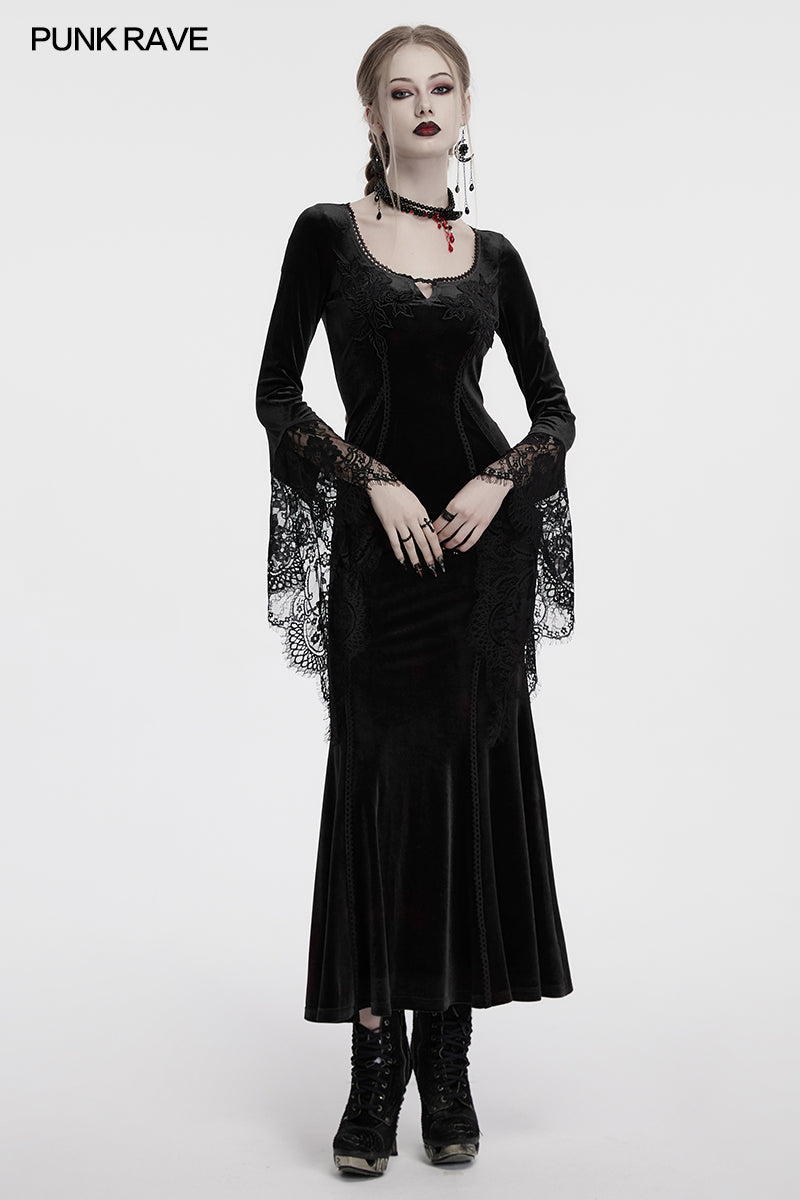 Luxurious Punk Rave Isolde black velvet dress featuring elegant lace sleeves and intricate rose embroidery, perfect for gothic and alternative fashion.