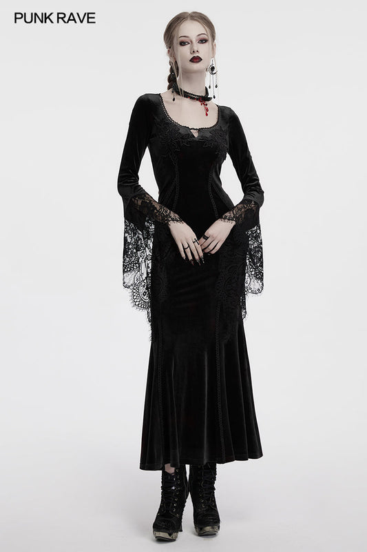 Luxurious Punk Rave Isolde black velvet dress featuring elegant lace sleeves and intricate rose embroidery, perfect for gothic and alternative fashion.