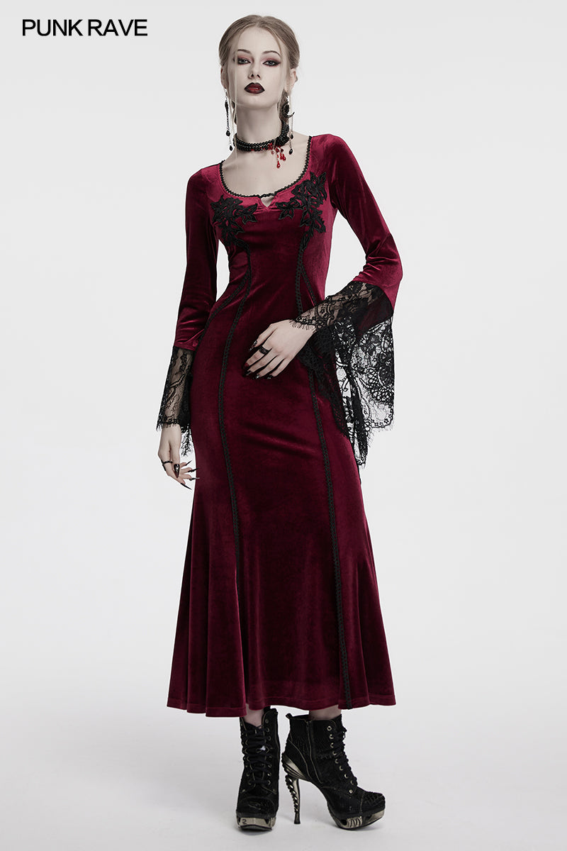 Gothic Elegance: Close-up of the Punk Rave Isolde Velvet Lace Sleeve Dress in rich crimson, featuring intricate black rose embroidery at the neckline and flowing lace cuffs, embodying dark romanticism and luxury fashion.