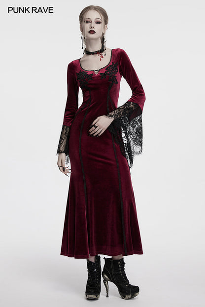 Gothic Elegance: Close-up of the Punk Rave Isolde Velvet Lace Sleeve Dress in rich crimson, featuring intricate black rose embroidery at the neckline and flowing lace cuffs, embodying dark romanticism and luxury fashion.