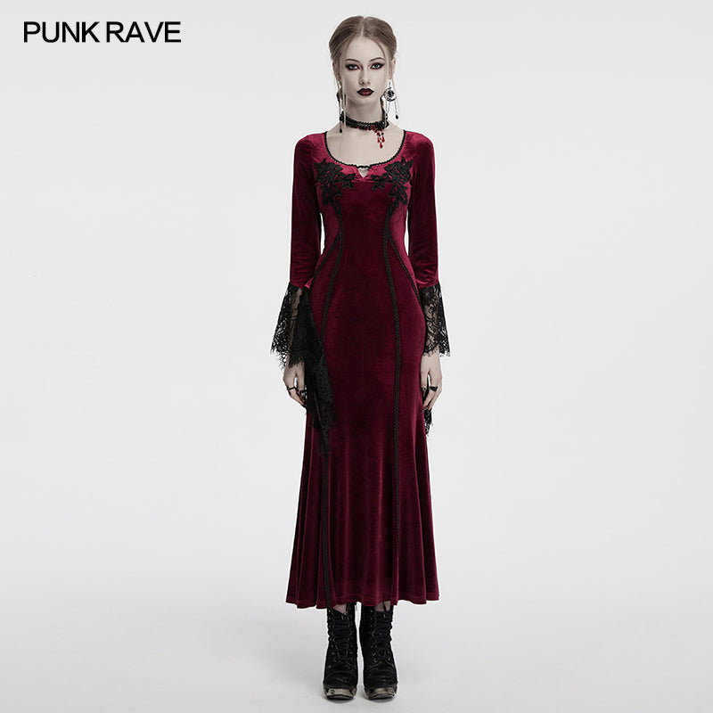 Dramatic view of the Punk Rave Isolde Velvet Lace Sleeve Dress showcasing its stunning lace-up corset back and flared skirt, perfect for alternative evening wear and formal gothic events.