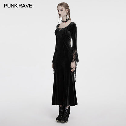 Full view of the flowing skirt of the Punk Rave Isolde velvet lace sleeve dress, emphasizing its regal elegance and dark romantic style.