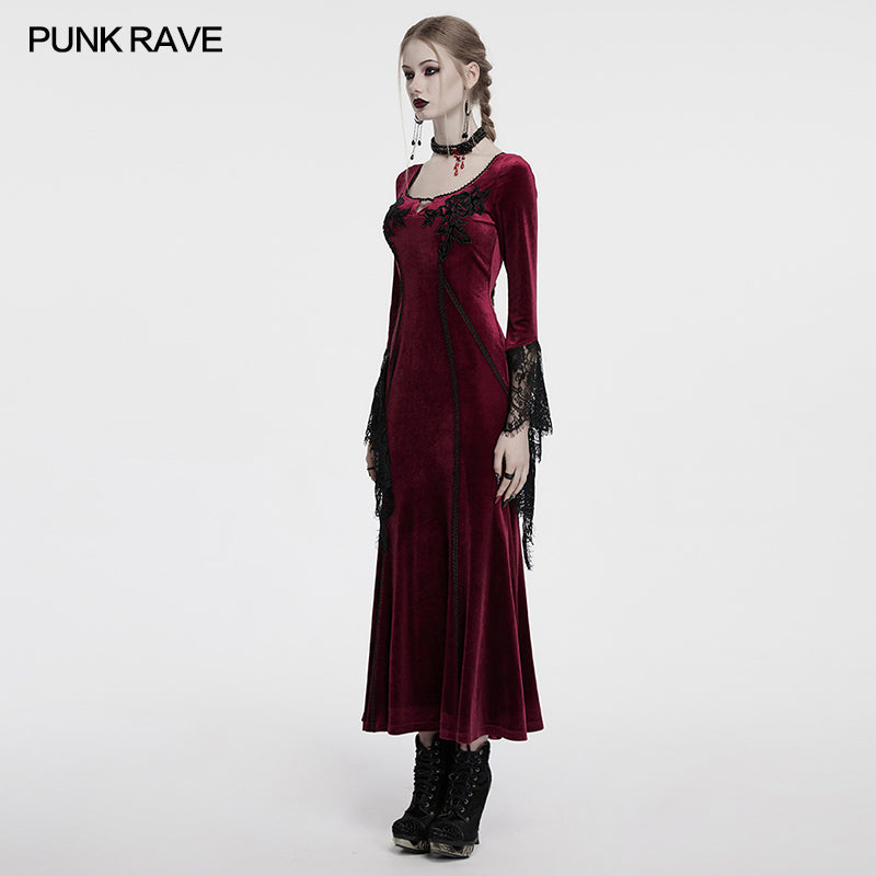 Gothic elegance in the Punk Rave Isolde Velvet Lace Sleeve Dress, featuring luxurious crimson velvet and intricate black rose embroidery.