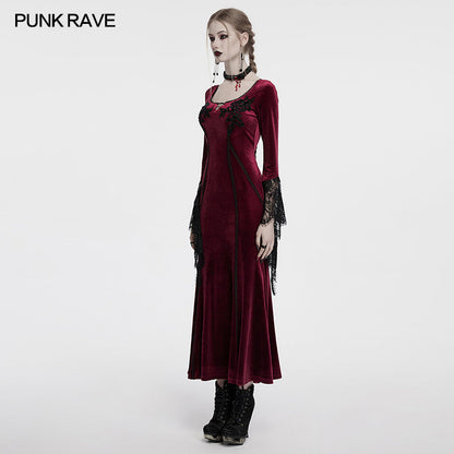 Gothic elegance in the Punk Rave Isolde Velvet Lace Sleeve Dress, featuring luxurious crimson velvet and intricate black rose embroidery.