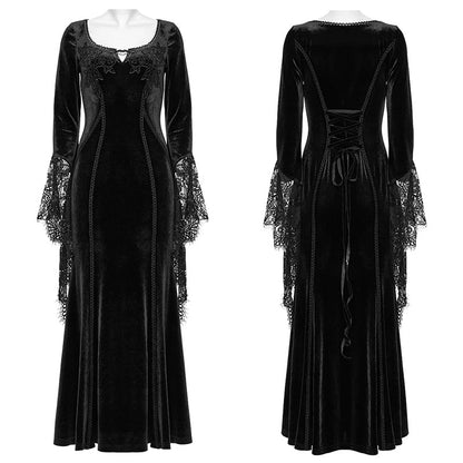Full-length image of the Punk Rave Isolde Black Velvet Lace Sleeve Dress, perfect for alternative fashion enthusiasts and dark romantic styles.