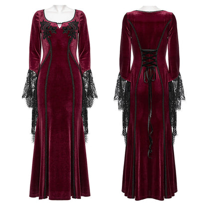 Full view of the Punk Rave Isolde Velvet Lace Sleeve Dress, highlighting its enchanting silhouette and dramatic skirt.