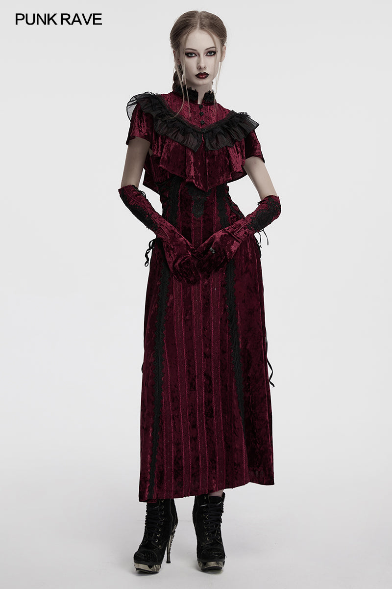 Punk Rave Vivienne Velvet Lace Panel Goth Slip Dress in Burgundy showcasing intricate lace detailing and regal silhouette.