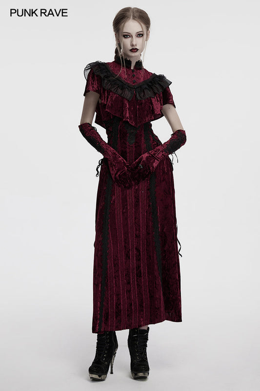 Punk Rave Vivienne Velvet Lace Panel Goth Slip Dress in Burgundy showcasing intricate lace detailing and regal silhouette.