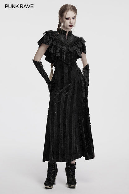 Close-up of intricate embroidery and luxurious lace details on Punk Rave Morrigan black velvet gothic dress, emphasizing its opulent craftsmanship.