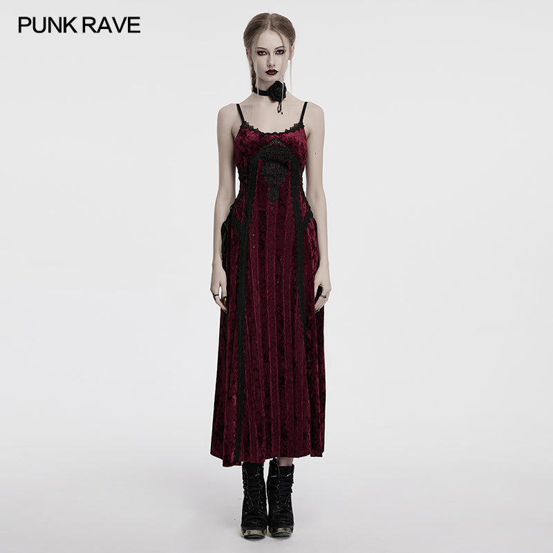 Punk Rave Vivienne Velvet Lace Panel Goth Slip Dress in Burgundy, showcasing elegant embroidered velvet and intricate lace panels, perfect for alternative formal wear and romantic gothic occasions.