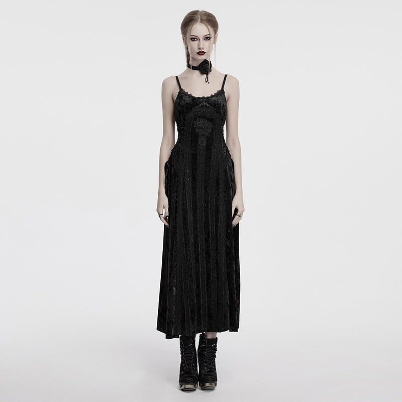 Elegant black velvet goth slip dress by Punk Rave with embroidered lace trim and adjustable fit, showcasing baroque detailing.